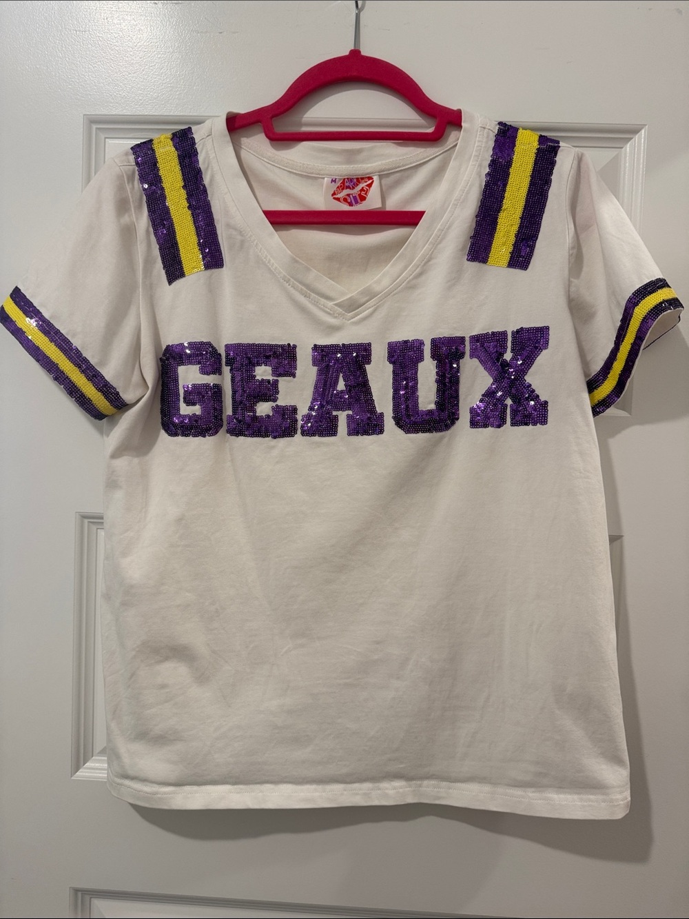 GEAUX Sequin V-Neck Tee - White LSU